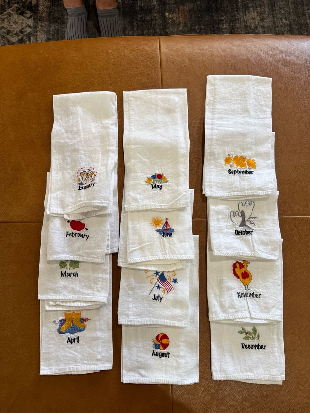 Set of Embroidered Monthly Cotton Tea Towels - White with Multicolor Accents